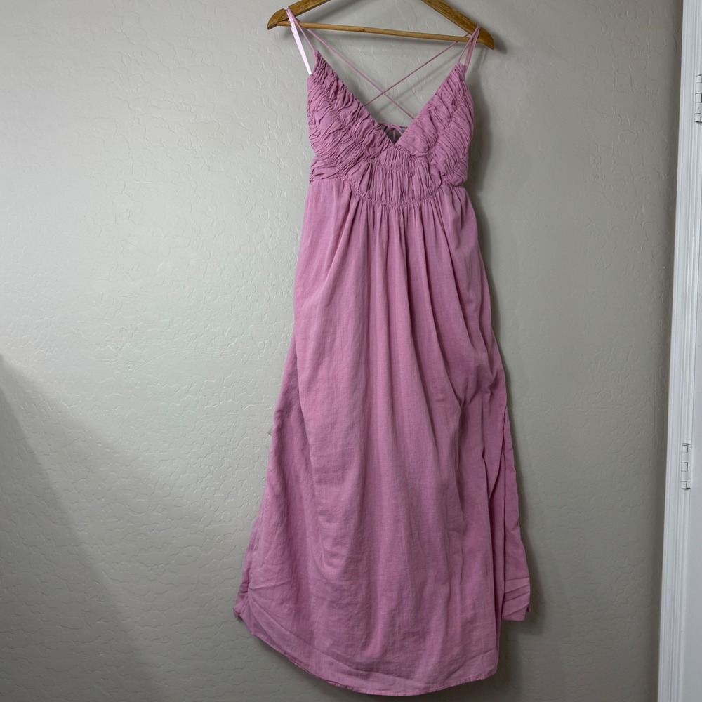 Treasure & Bond Women L Pink Cotton Ruched Strappy Maxi Dress Boho Tie Back